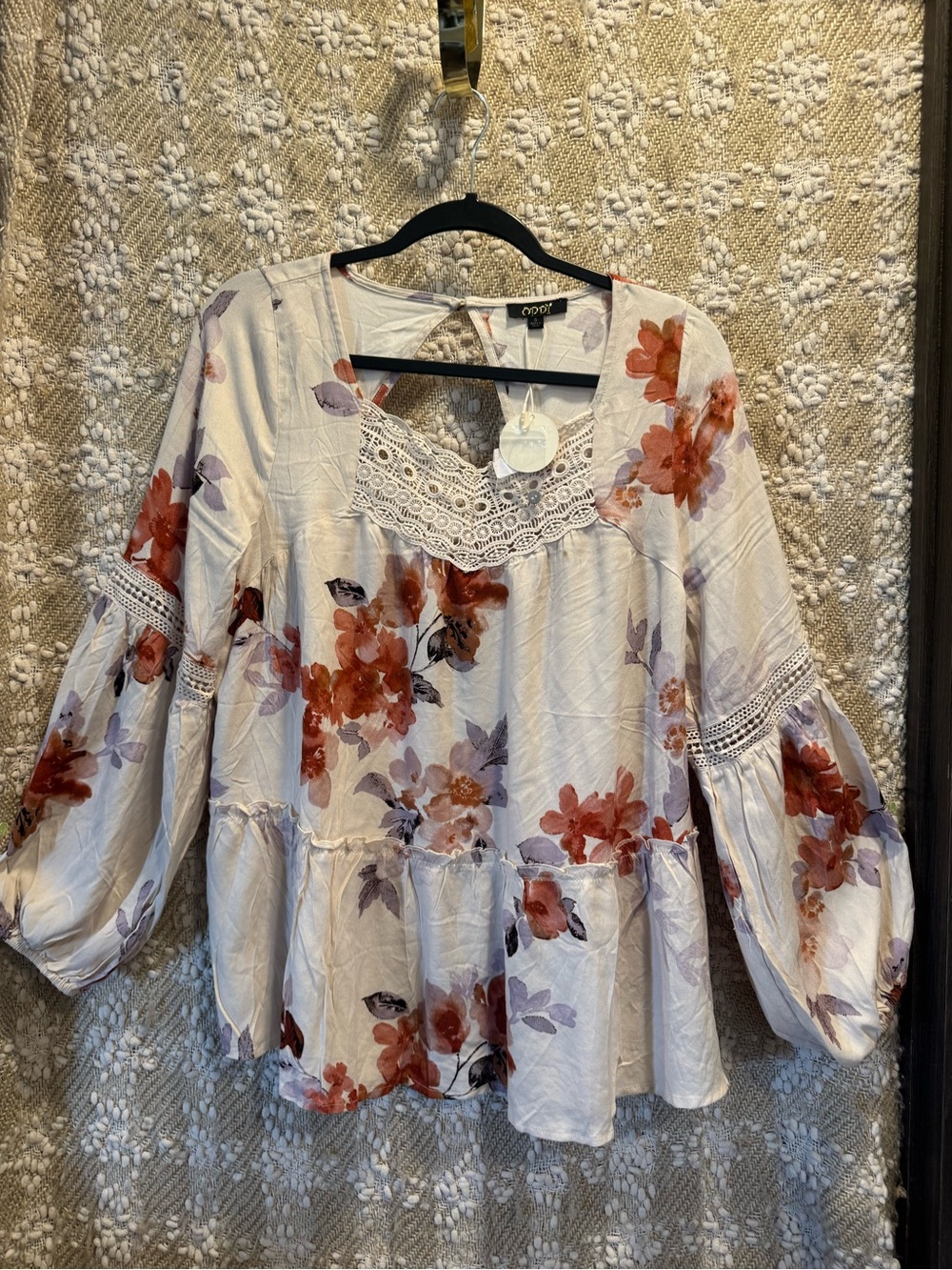 Oddi Babydoll Blouse with Floral Ruffles at the Waist, Size Small NWT